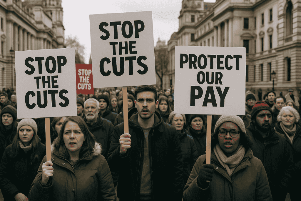 Citizens protesting government budget cuts