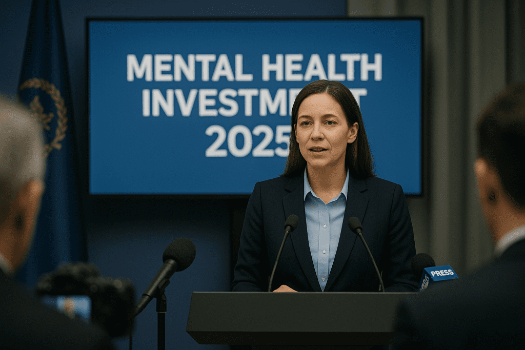 Public health official announcing mental health investment at a press conference in 2025