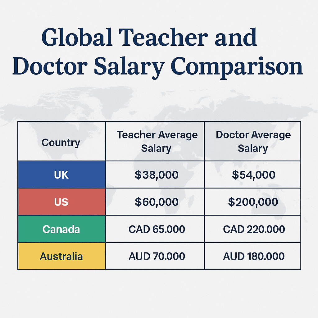 “Table comparing UK, US, Canada, and Australia teacher and doctor pay”