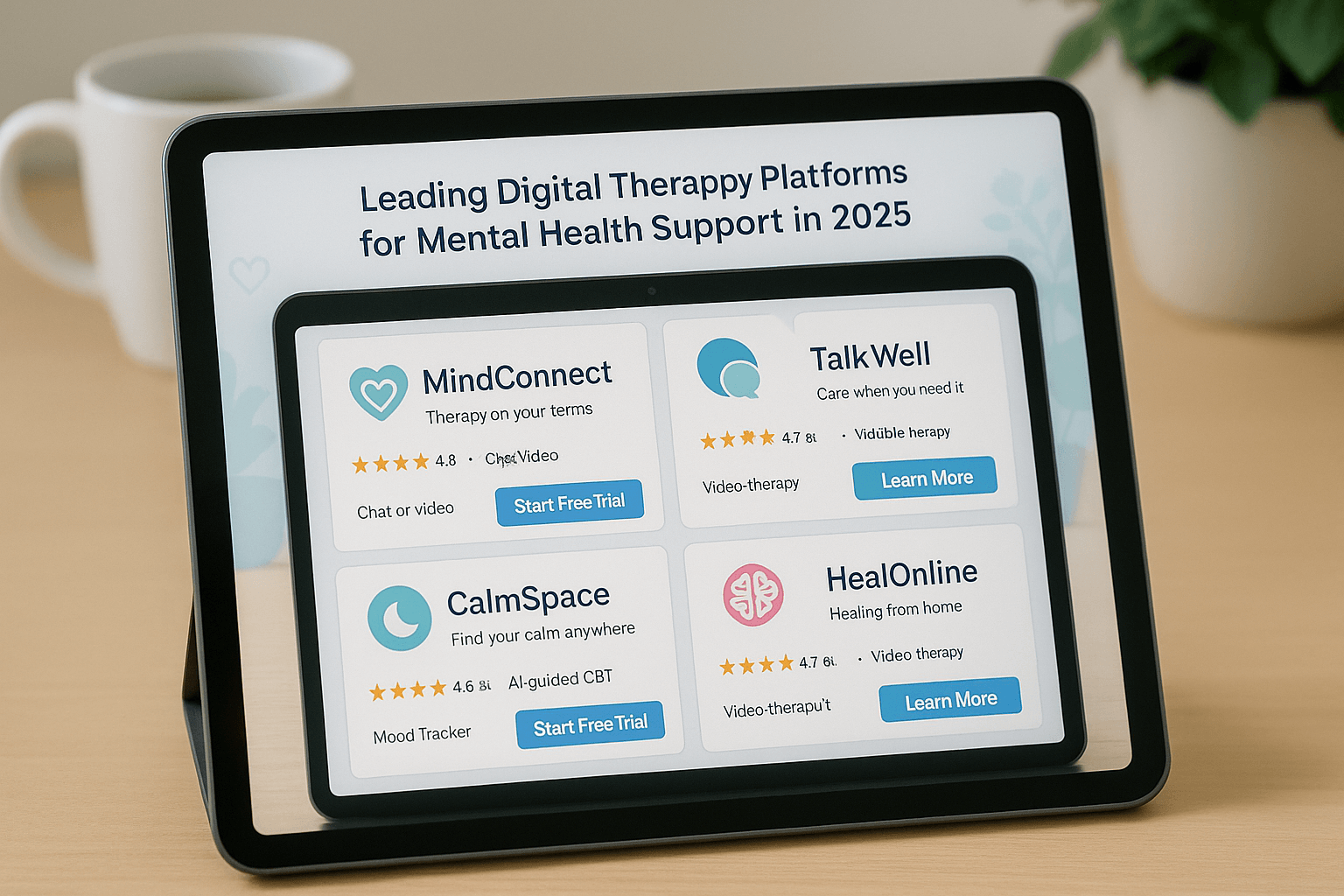 Interface showing leading digital therapy platforms for mental health support in 2025