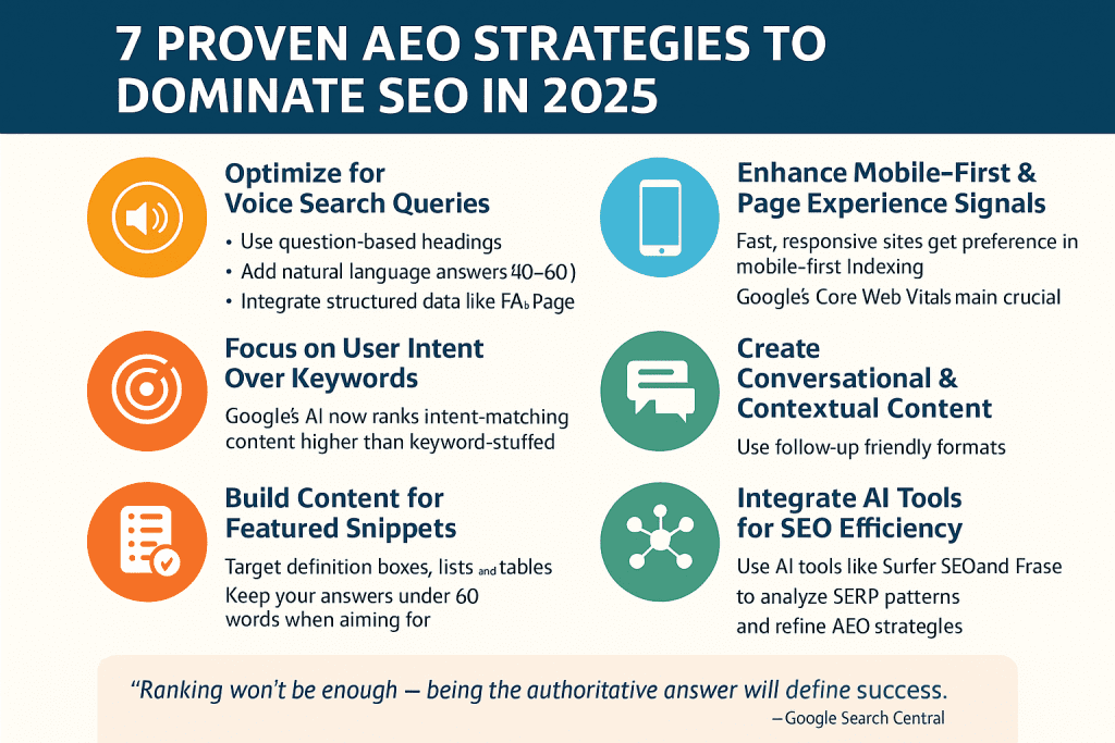 AEO Strategy infographic showing seven proven methods to dominate SEO in 2025 with tips on voice search, structured data, user intent, featured snippets, mobile optimization, conversational content, and AI tools.