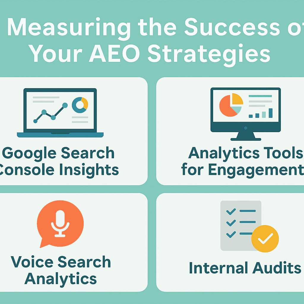 AEO Strategy infographic showing how to measure success using Google Search Console metrics, engagement analytics, voice search tracking, and internal audits.
