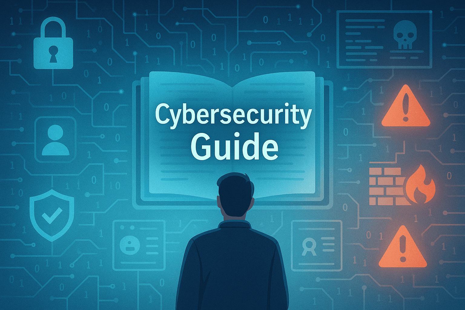 Cybersecurity Guide illustration featuring a digital landscape with threat icons, shield symbols, and a glowing guidebook