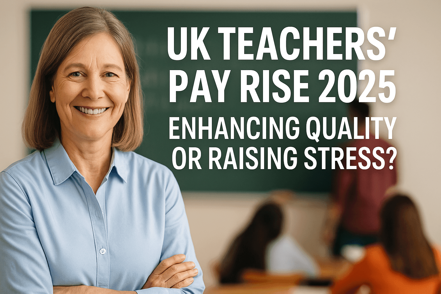 UK teacher confidently teaching students after 2025 pay rise reform in a bright, engaging classroom.