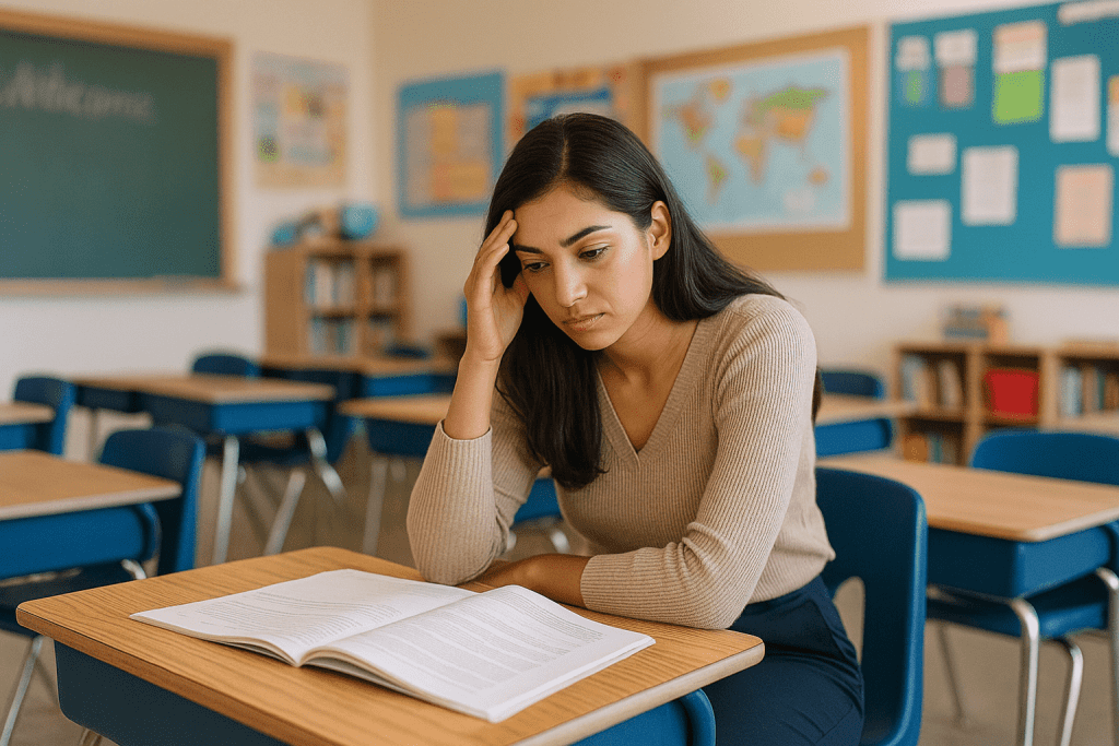 Young UK teacher adjusting to pressures after 2025 pay reform while managing classroom duties with determination.