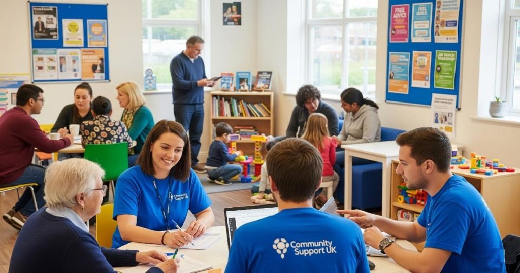 Mental health support services offered at a UK community centre with volunteers assisting visitors