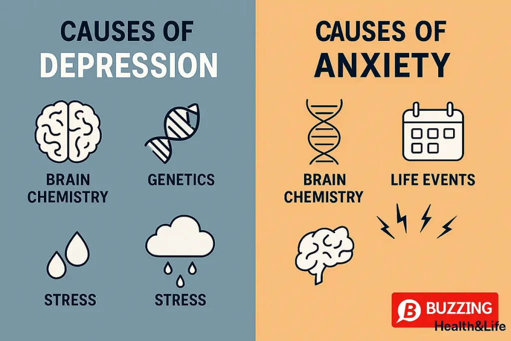 Illustration showing the causes of depression vs anxiety, including brain chemistry, genetics, stress, and life events, highlighting key mental health differences.